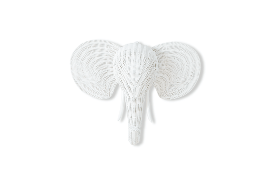 Handcrafted rattan wall decoration in the shape of an elephant head with a natural finish.